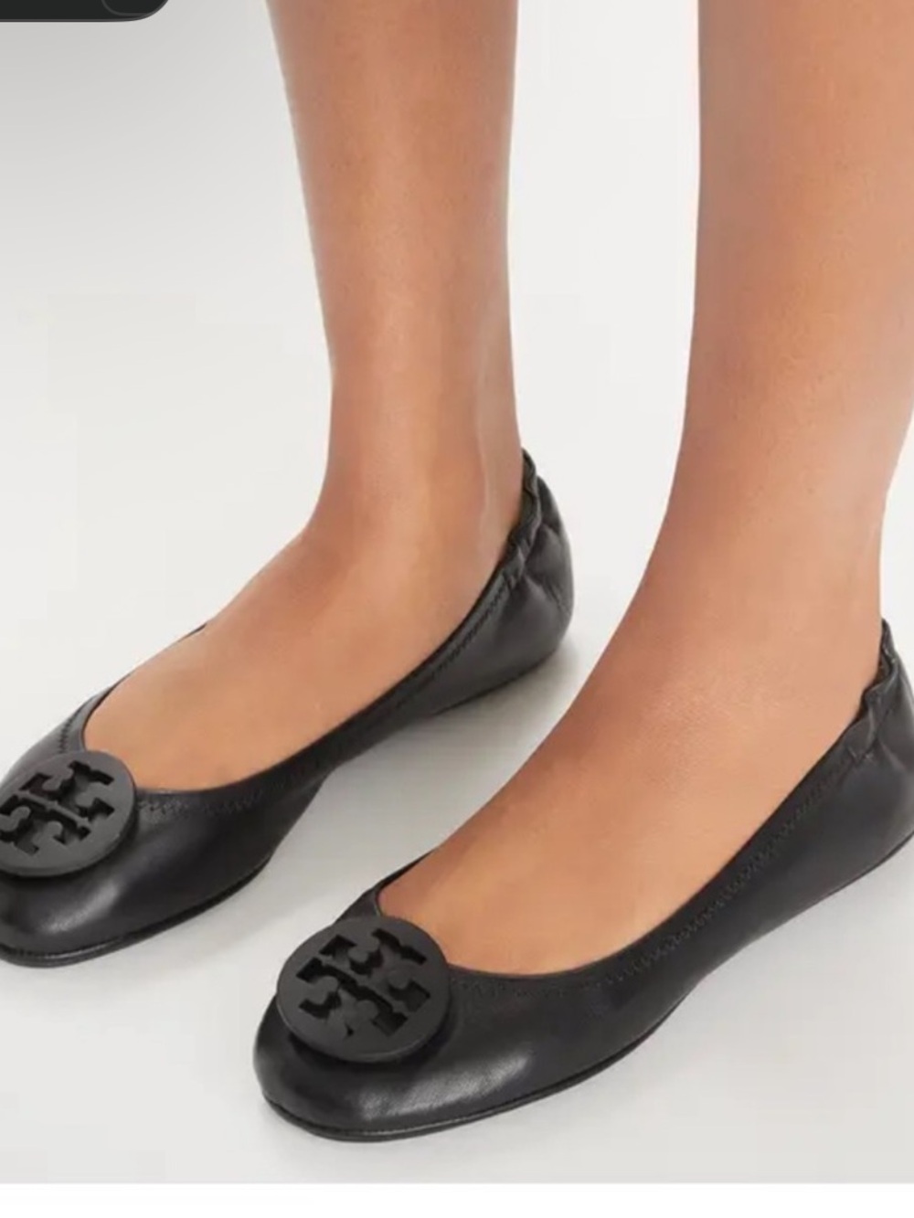 Tory Burch size 6.5 Minnie Travel Ballet Black Leather Logo Ballet Flats
